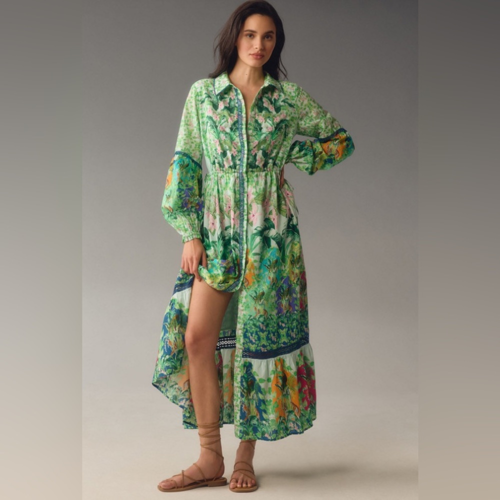 Anthropologie Long-Sleeve Printed Maxi Shirt Dress